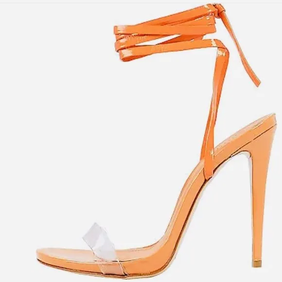 Schutz Cloe Vinyl Open Toe Sz 7B Lace Up Ankle Strap Stiletto High Heel Sandals