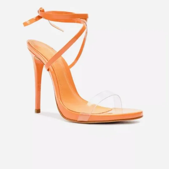 Schutz Cloe Vinyl Open Toe Sz 7B Lace Up Ankle Strap Stiletto High Heel Sandals