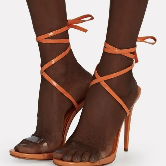 Schutz Cloe Vinyl Open Toe Sz 7B Lace Up Ankle Strap Stiletto High Heel Sandals