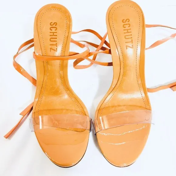 Schutz Cloe Vinyl Open Toe Sz 7B Lace Up Ankle Strap Stiletto High Heel Sandals