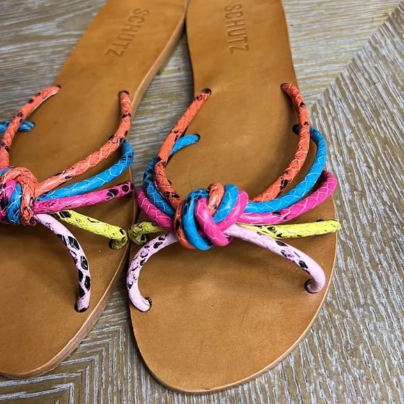 SCHUTZ Colorful Jolene Snake Embossed Flat Sandals 6.5