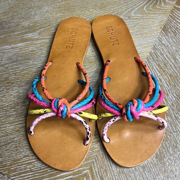 SCHUTZ Colorful Jolene Snake Embossed Flat Sandals 6.5