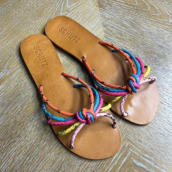 SCHUTZ Colorful Jolene Snake Embossed Flat Sandals 6.5