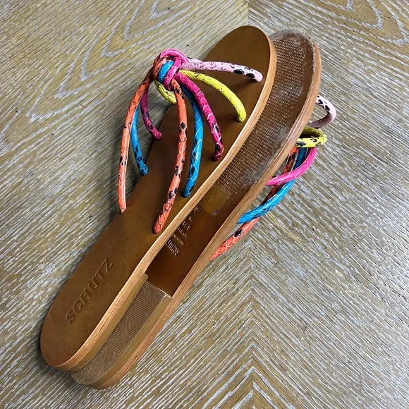 SCHUTZ Colorful Jolene Snake Embossed Flat Sandals 6.5