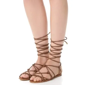 Schutz Kathleen Bark Brown Flat Gladiator Braided Leather Tie up Sandals 7