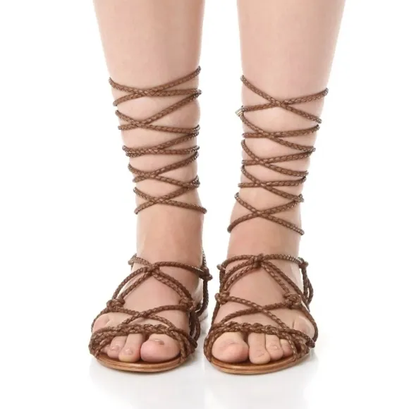 Schutz Kathleen Bark Brown Flat Gladiator Braided Leather Tie up Sandals 7