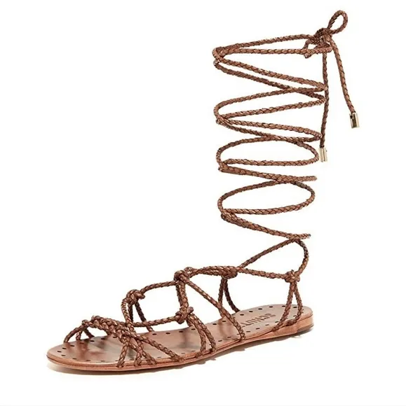 Schutz Kathleen Bark Brown Flat Gladiator Braided Leather Tie up Sandals 7