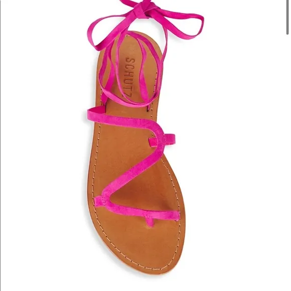 Schutz Magenta Suede Strappy Flat Lace Up Sandals