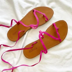 Schutz Magenta Suede Strappy Flat Lace Up Sandals