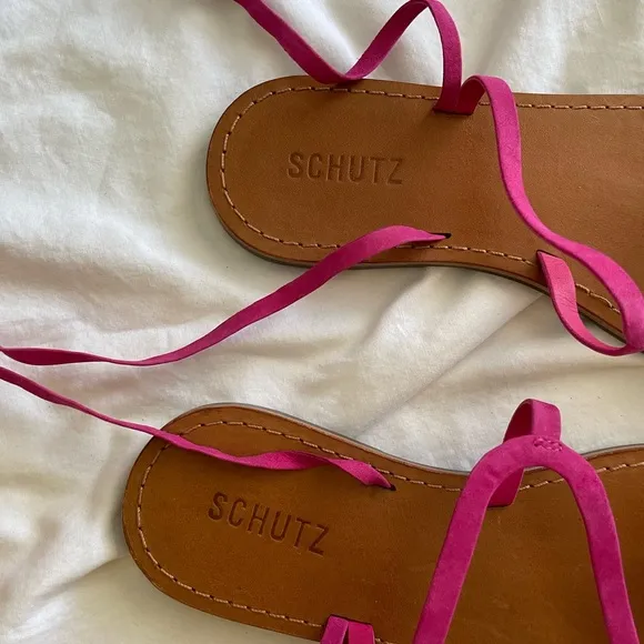 Schutz Magenta Suede Strappy Flat Lace Up Sandals
