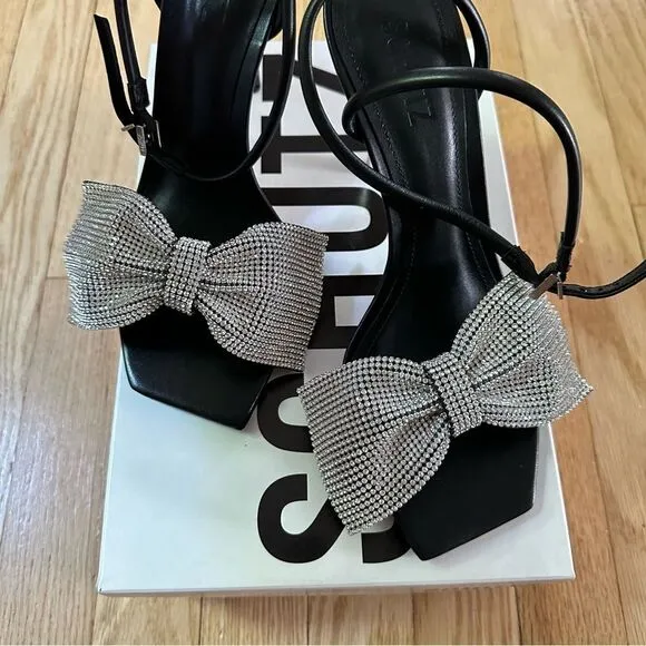 SCHUTZ Mila Square Toe Crystal Bow High Heel Sandals