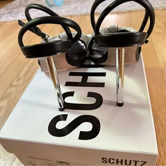 SCHUTZ Mila Square Toe Crystal Bow High Heel Sandals