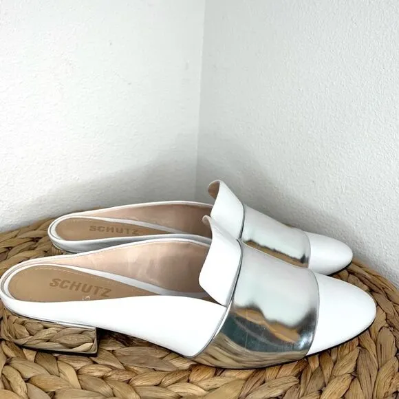 Schutz NWT Eunice Mules Loafer White Silver Metallic Leather Flats New preppy