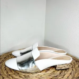 Schutz NWT Eunice Mules Loafer White Silver Metallic Leather Flats New preppy