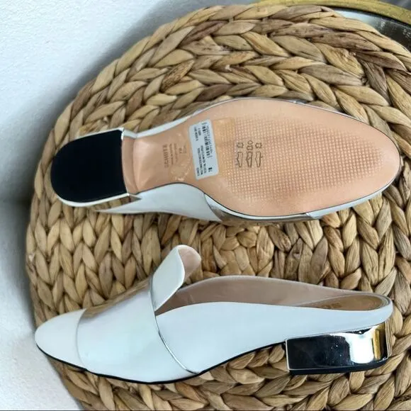 Schutz NWT Eunice Mules Loafer White Silver Metallic Leather Flats New preppy