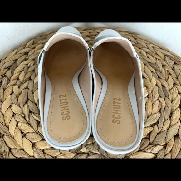 Schutz NWT Eunice Mules Loafer White Silver Metallic Leather Flats New preppy