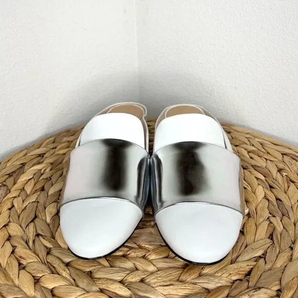 Schutz NWT Eunice Mules Loafer White Silver Metallic Leather Flats New preppy