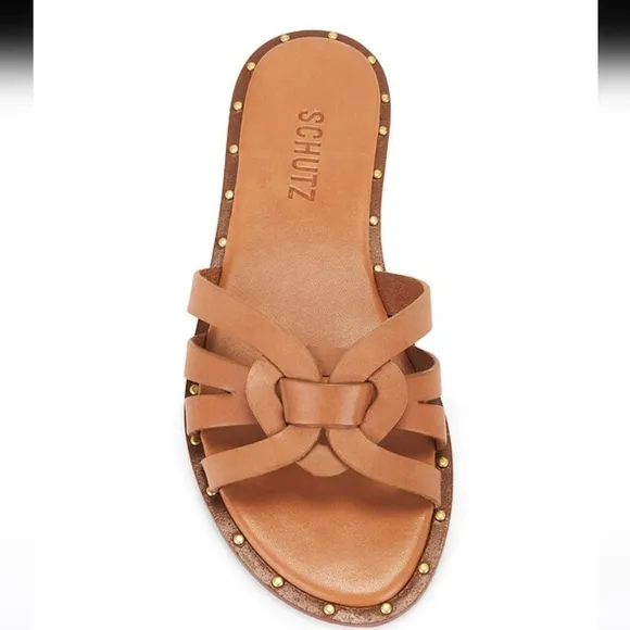 Schutz  Pheonix Flat Leather Women's Sandals In Brown Size 9.5