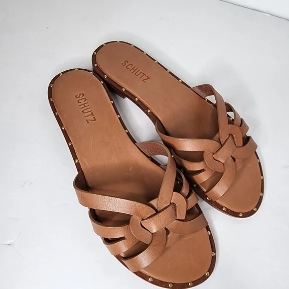 Schutz  Pheonix Flat Leather Women's Sandals In Brown Size 9.5