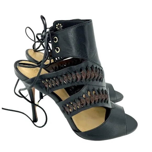 Schutz Robin Black Leather Cut Out High Heel Dress Sandals Stiletto 7.5 NIB