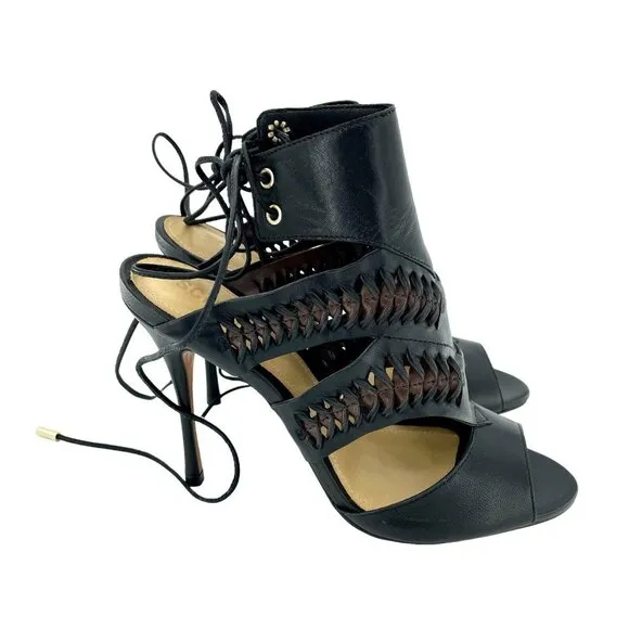 Schutz Robin Black Leather Cut Out High Heel Dress Sandals Stiletto 7.5 NIB