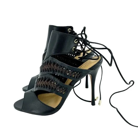 Schutz Robin Black Leather Cut Out High Heel Dress Sandals Stiletto 7.5 NIB