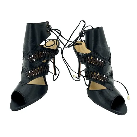Schutz Robin Black Leather Cut Out High Heel Dress Sandals Stiletto 7.5 NIB