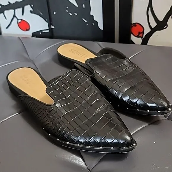 Schutz Tae Black Croco Leather Flat Pointy Toe Mule Slide Sandals