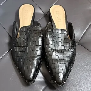 Schutz Tae Black Croco Leather Flat Pointy Toe Mule Slide Sandals
