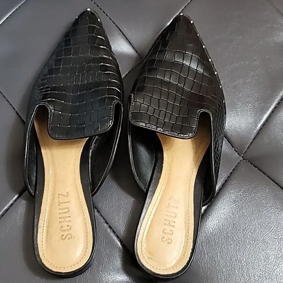 Schutz Tae Black Croco Leather Flat Pointy Toe Mule Slide Sandals