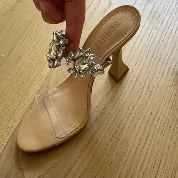 Schutz Women's Tan and Cream Sandals Size 8.5 Laureen Embellished High Heel