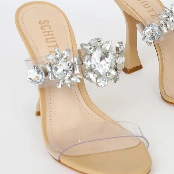Schutz Women's Tan and Cream Sandals Size 8.5 Laureen Embellished High Heel