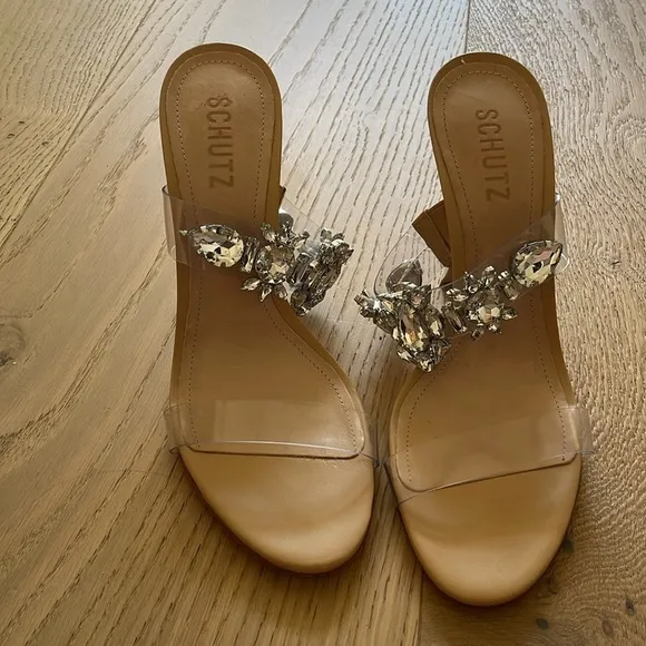 Schutz Women's Tan and Cream Sandals Size 8.5 Laureen Embellished High Heel