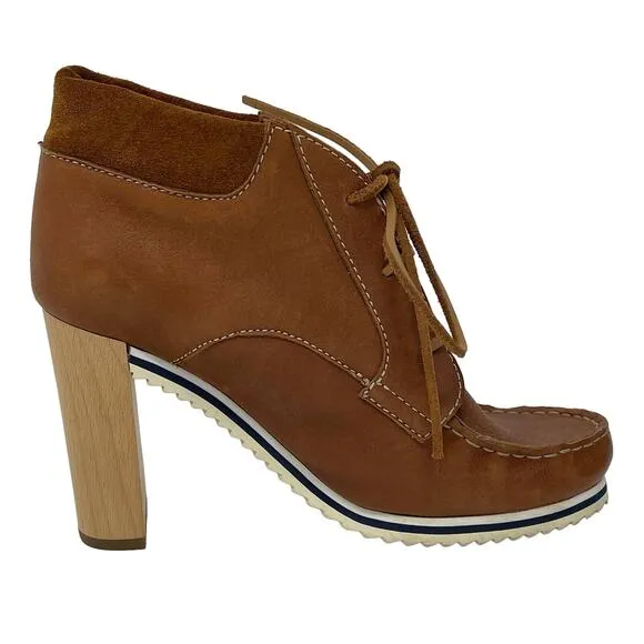 See By Chloe Brown Leather Mocccasin Toe Ankle Boots with Wood Heels Size EU36.5
