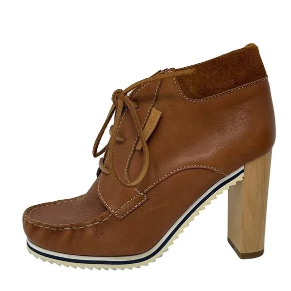 See By Chloe Brown Leather Mocccasin Toe Ankle Boots with Wood Heels Size EU36.5