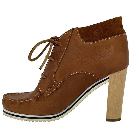 See By Chloe Brown Leather Mocccasin Toe Ankle Boots with Wood Heels Size EU36.5