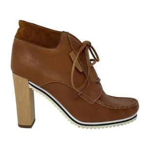 See By Chloe Brown Leather Mocccasin Toe Ankle Boots with Wood Heels Size EU36.5