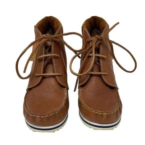 See By Chloe Brown Leather Mocccasin Toe Ankle Boots with Wood Heels Size EU36.5
