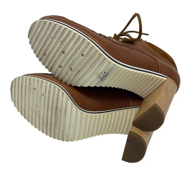 See By Chloe Brown Leather Mocccasin Toe Ankle Boots with Wood Heels Size EU36.5