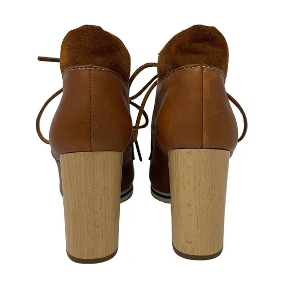 See By Chloe Brown Leather Mocccasin Toe Ankle Boots with Wood Heels Size EU36.5