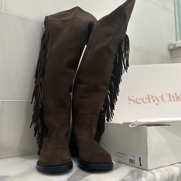 See By Chloe Suede Fringe Knee High Boots