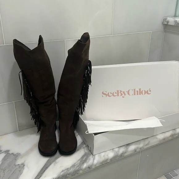 See By Chloe Suede Fringe Knee High Boots