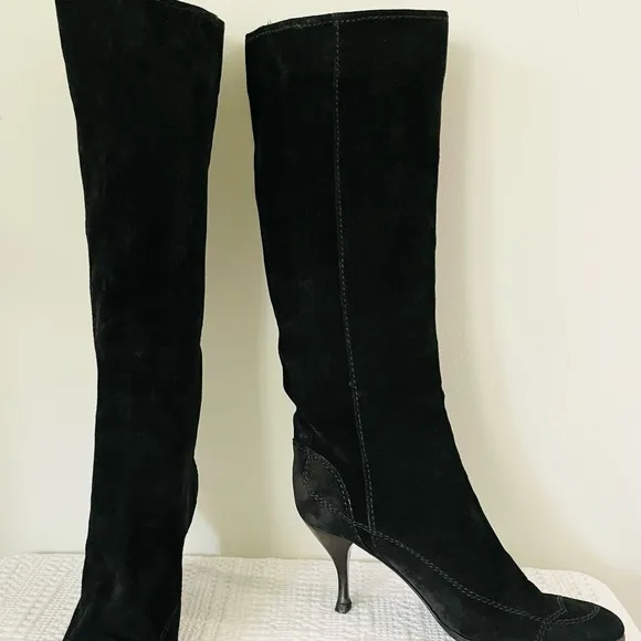 SERGIO ROSSI Black Suede Pull On Knee High Boots Size 38.5
