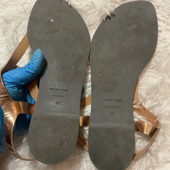 Sergio Rossi Rose Gold Leather Strap Flat Sandals