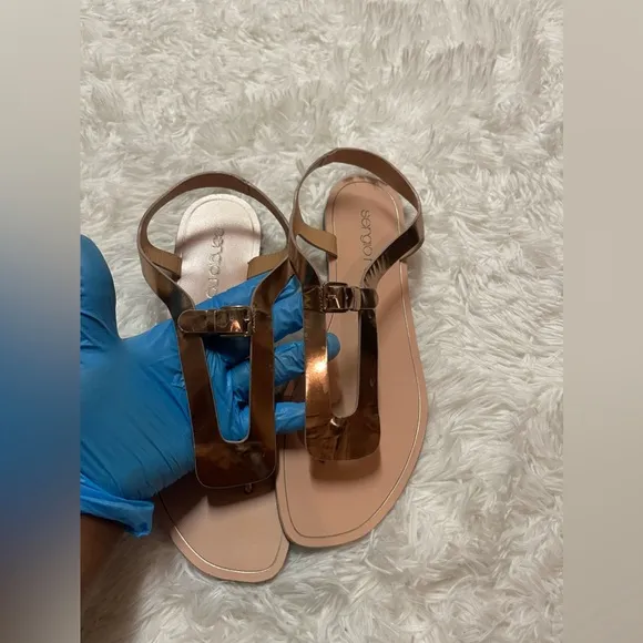 Sergio Rossi Rose Gold Leather Strap Flat Sandals