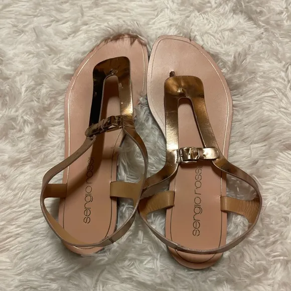 Sergio Rossi Rose Gold Leather Strap Flat Sandals
