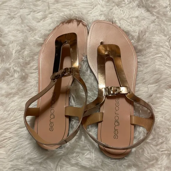 Sergio Rossi Rose Gold Leather Strap Flat Sandals