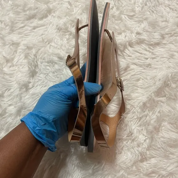Sergio Rossi Rose Gold Leather Strap Flat Sandals