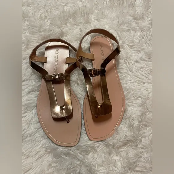 Sergio Rossi Rose Gold Leather Strap Flat Sandals