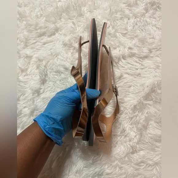 Sergio Rossi Rose Gold Leather Strap Flat Sandals